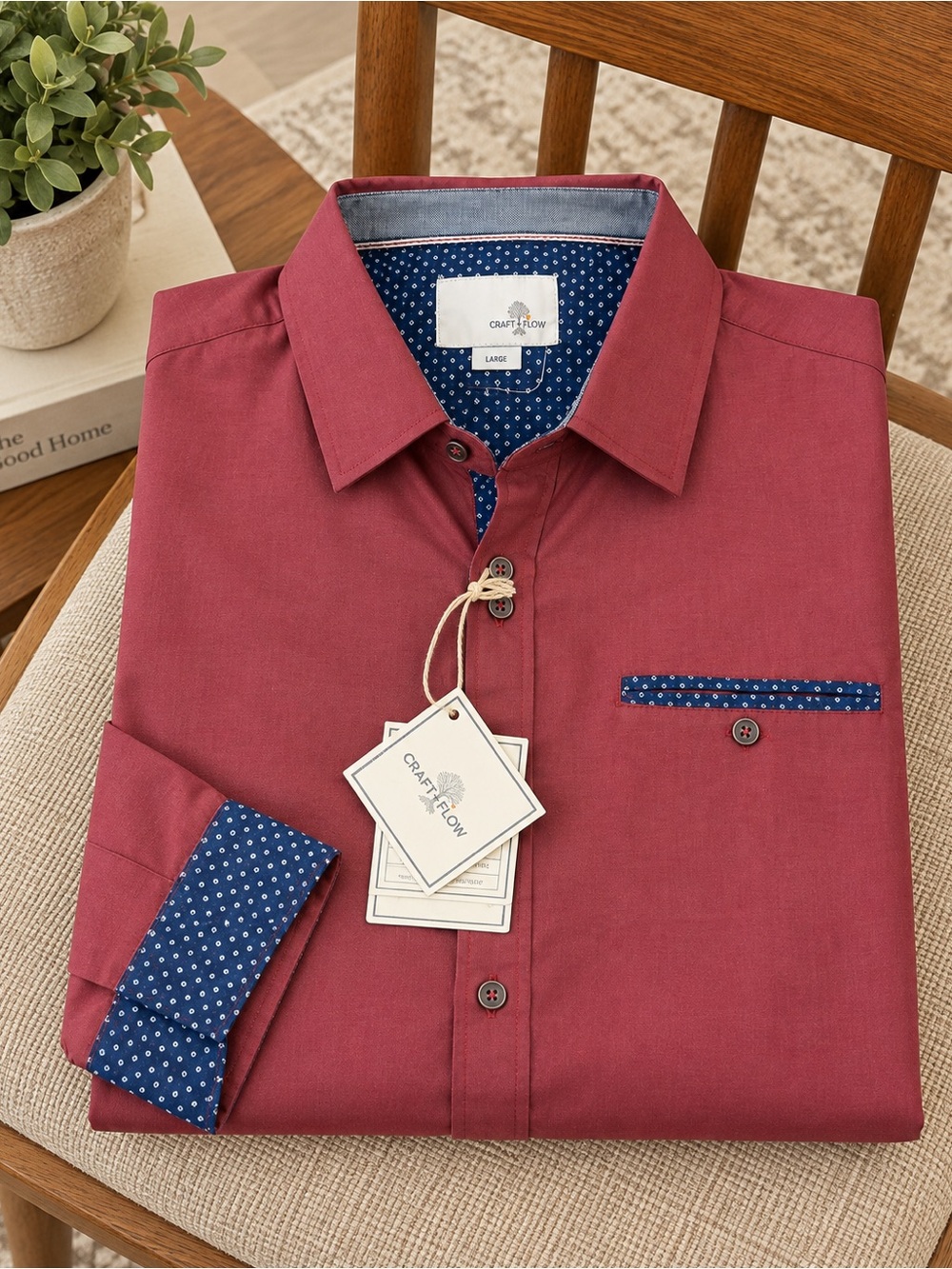 Craft & Flow Men's Burgundy Dress Shirt with Navy Contrast